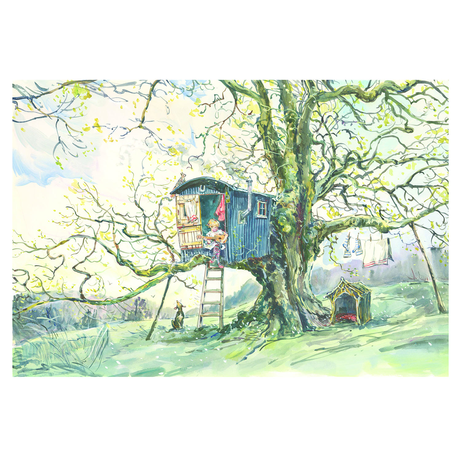 PRINT “Blue hut in tree with singing dog”