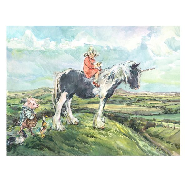 Print “Girl on Unicorn with animal friends”