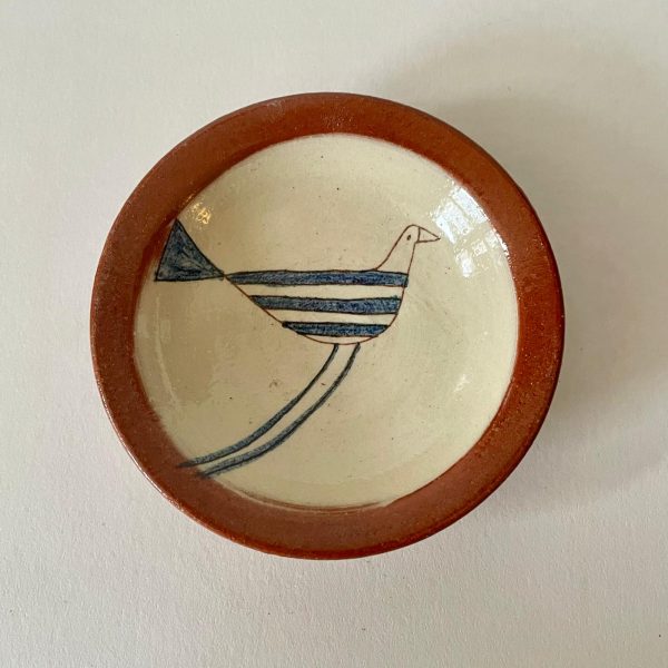 Tiny Wee Dish “Blue Stripey Bird” (brown rim)