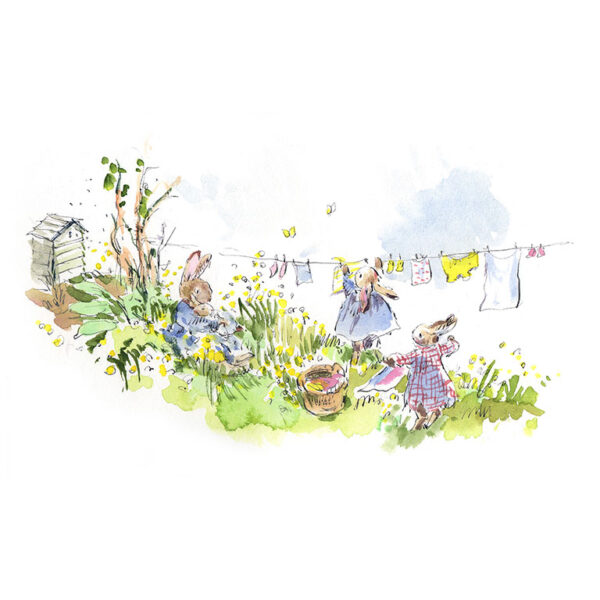 PRE-ORDER Print “Bunnies Laundry Day with buttercups and bees”