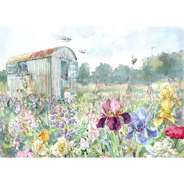 PRE-ORDER Print “Tin hut in summer garden with irises”