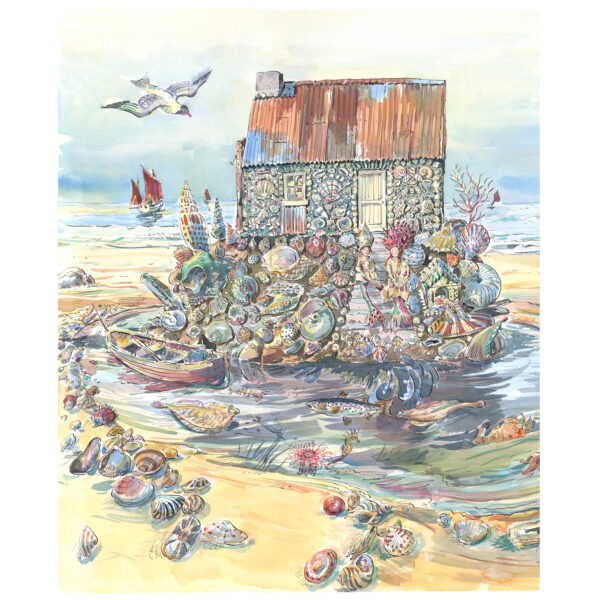 PRE-ORDER Print “Shell Cottage + boat with red sails”