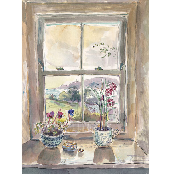 PRE-ORDER Print “Welsh cottage windowsill with fritillaries”