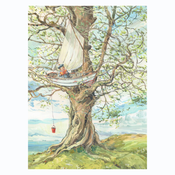 PRE-ORDER Print “Child reading in boat in tree with red bucket”