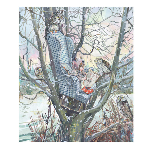 PRE-ORDER Print “Blue gingham chair in tree with child and owls”