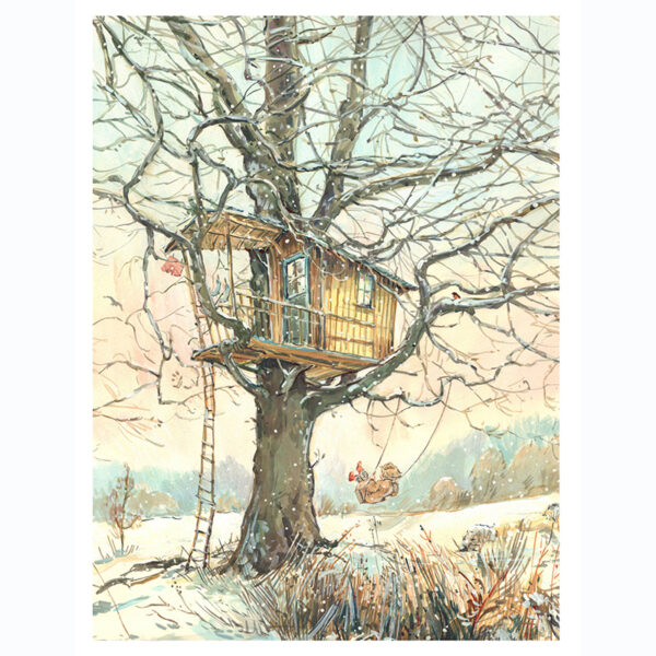 PRE-ORDER Print “Snowy yellow tree-house with child on swing”