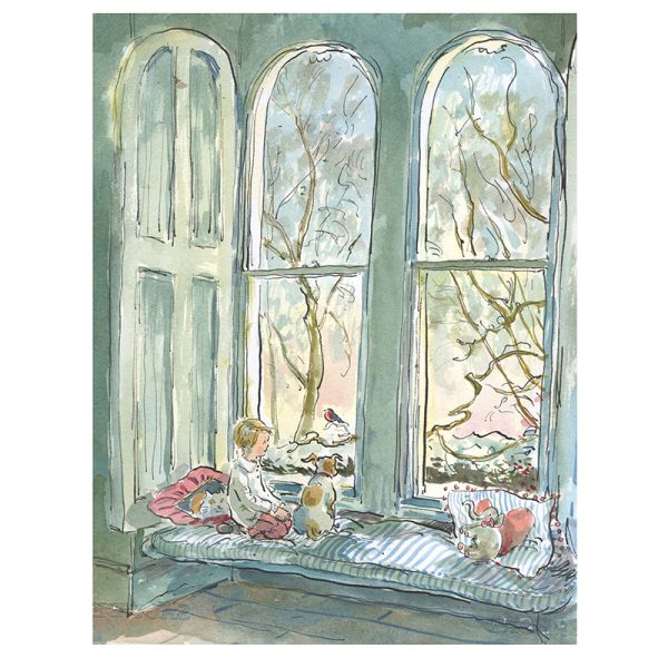 Print “Child on window seat with dog and elephant toy”